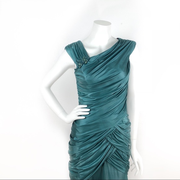 Tadashi Shoji Dress Teal Fitted Drape Ruched Gown - Picture 3 of 8
